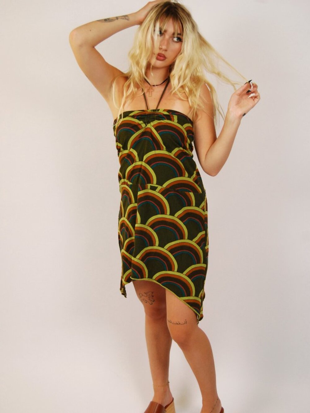 Y2K Geometric Dress (L) large green brown vintage mini retro funky boho hippie
